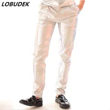 Искусственная кожа мужской Серебристые брюки костюмы модные тонкие штаны Штаны представление певцов и танцовщиков для ночного клуба производительность Рок Джаз шоу