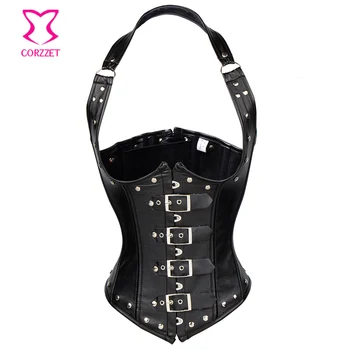 

Black Gothic Faux Leather Halter Tops Burlesque Costume Steel Boned Corset Underbust Sexy Espartilhos e Corpetes Slimming Korse