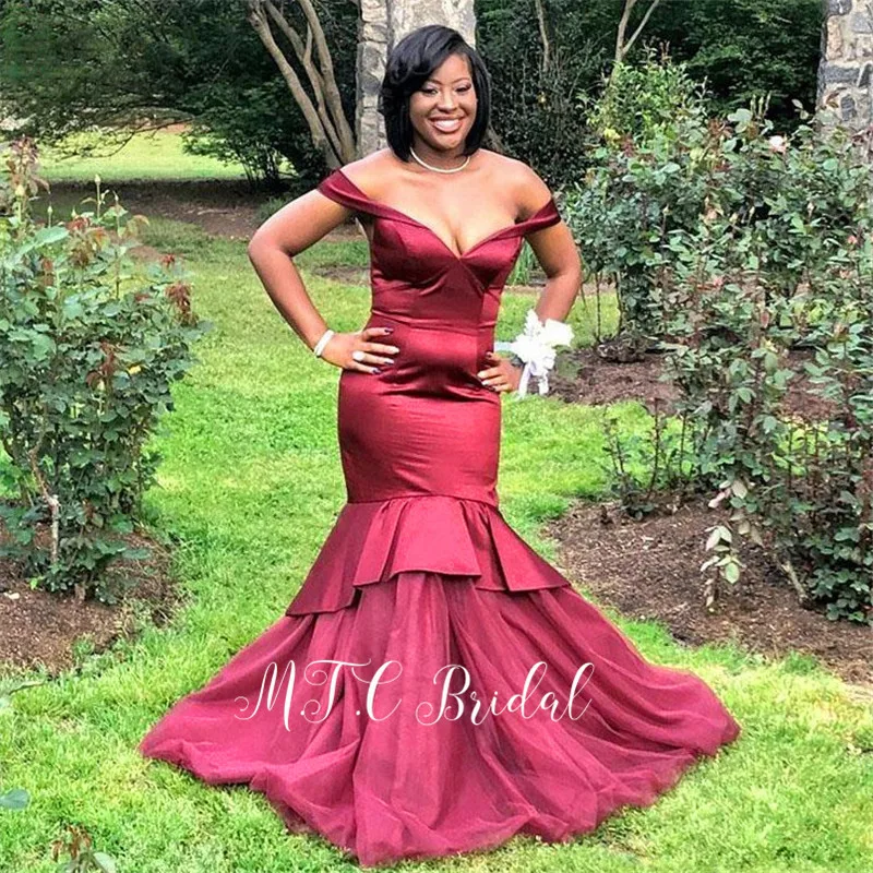 

Mermaid Burgundy 2019 New Evening Dress Off The Shoulder Boat Neck Tulle Satin Long Formal Dresses Custom Made Robe De Soiree