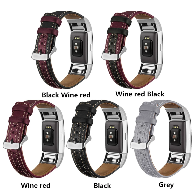 Replacement Bands Splicing Two-tone Genuine Leather for Fitbit Charge 2 Wristband Metal Connectors Fitness Strap Women Men Small Large 5 (7)
