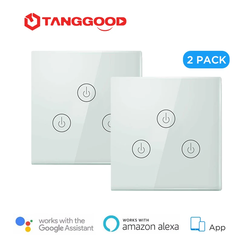 

TANGGOOD Smart WiFi Wall Touch Light Switch 2-Pack EU UK Work with Alexa Google Assistant IFTTT App Remote Control Smart Home