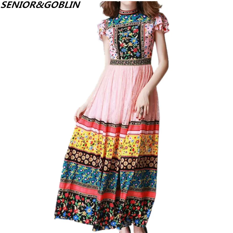 

2019 Summer Luxury Runway Boho Short Sleeve Print Maxi Dress Women Ethnic Designer Lace Patchwork Holiday Beach Party Long Dress
