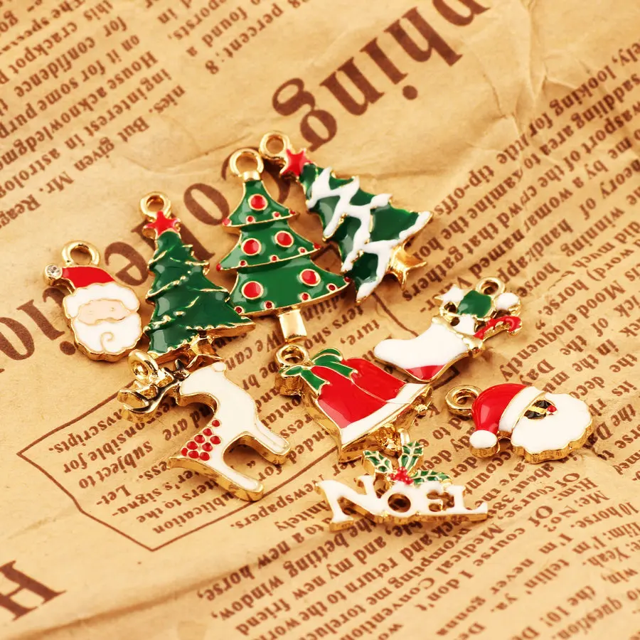 

60pcs Enamel Alloy Christmas Festival Charms Oil Drop Santa Clause Tree Bells Deer Cnady Pendants For Bracelet Earring Necklace