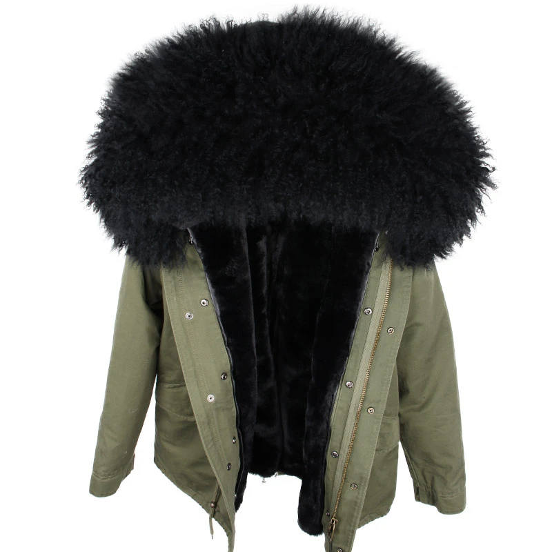 Зимняя женская куртка, парка, пальто из натурального меха, парки из натурального меха монгольской овцы, Толстая теплая Роскошная съемная верхняя одежда, уличная одежда - Цвет: green black