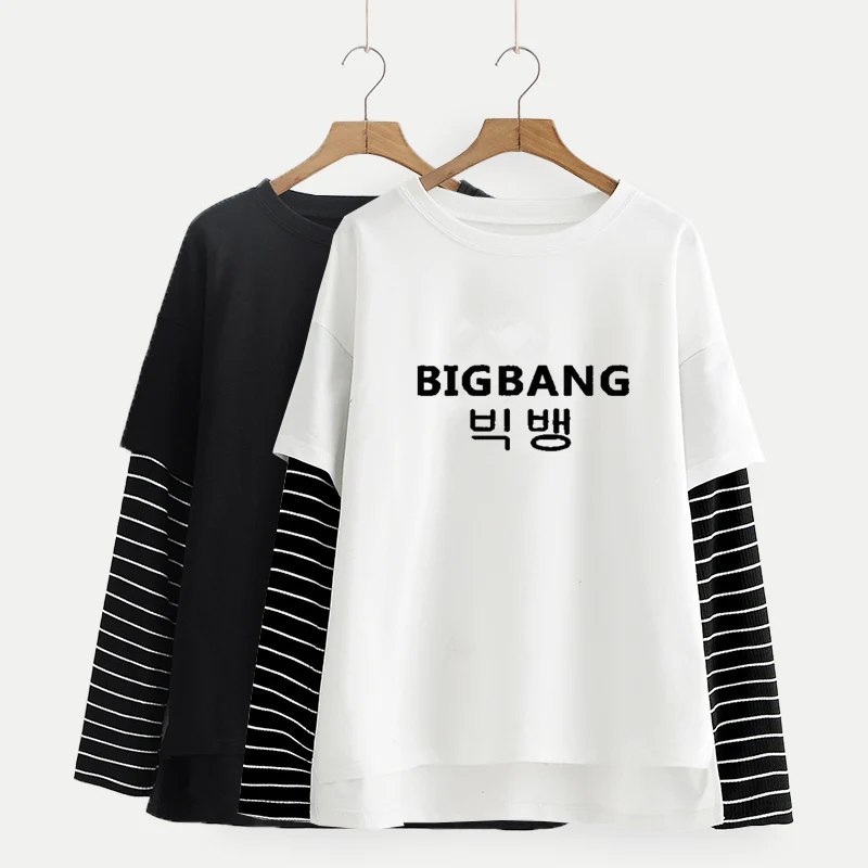 

Women Clothes 2019 Bigbang Kpop Shirt GD G-Dragon Striped Long Sleeve Tshirt Streetwear Harajuku False Two Piece Tee Shirt Femme