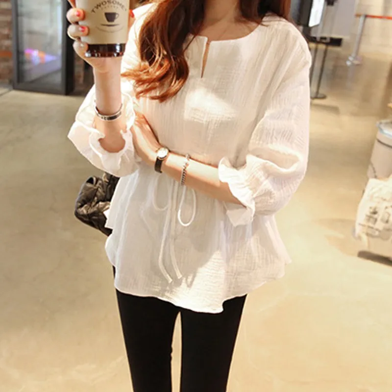 

Blouse 2019 White Eyelet Embroidery Long Sleeve Bishop Sleeve Womens Tops And Blouses