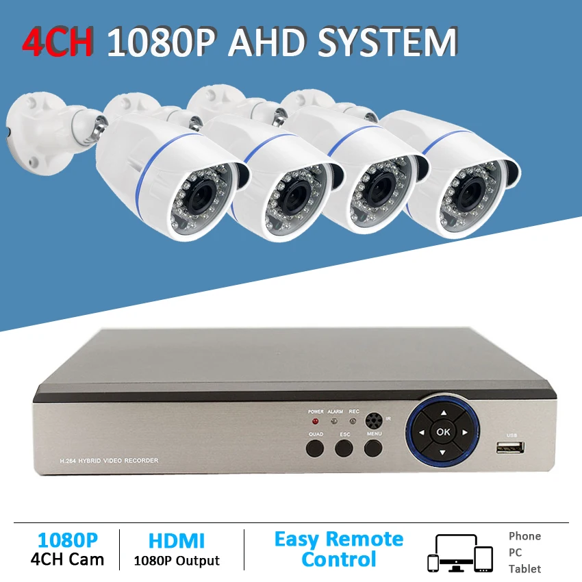 

4CH AHD CCTV Camera system 4pcs 2MP 1080P AHD Camera & 4CH 4MP 5in1 AHD DVR & Video cables & Camera Power Adapter