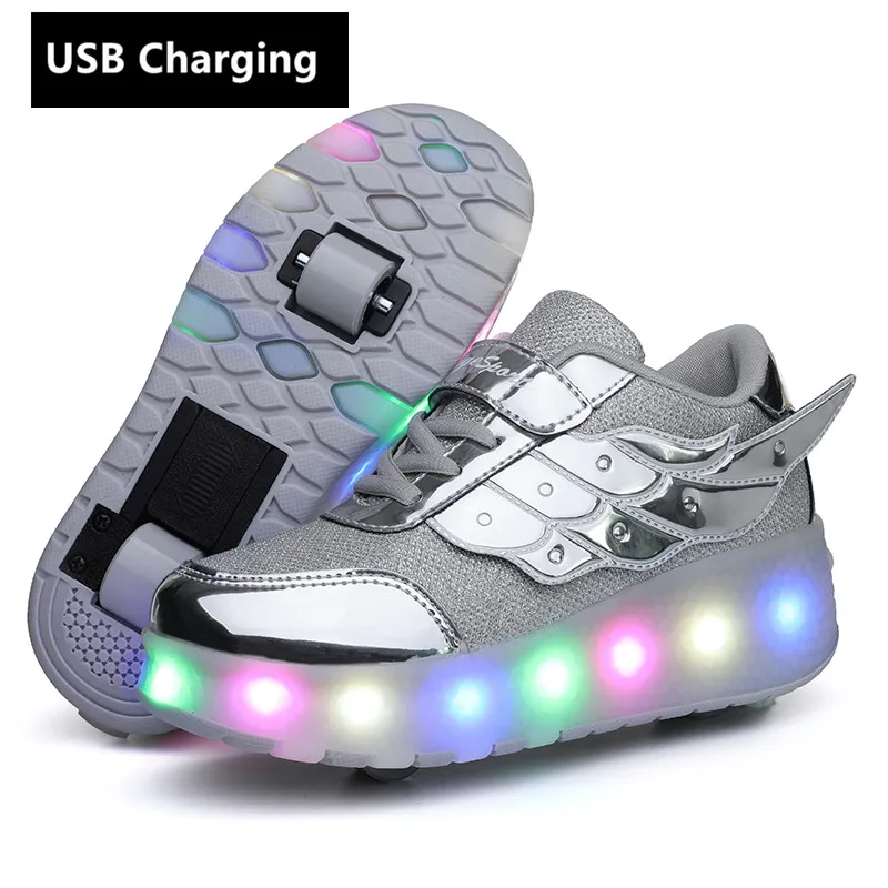 Kids Boys Girls LED Roller Skate Shoes Double Wheels Technical Skateboarding Shoes USB Charging Outdoor Sports Trainers Gymnastics Shoes 7 Colour Flashing Luminous Sneaker 