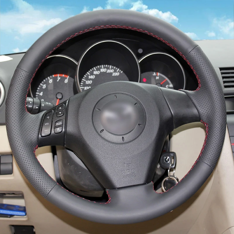 Hand stitched Black Leather Steering Wheel Cover for Old Mazda 3 Mazda 5 Mazda 6 Pentium