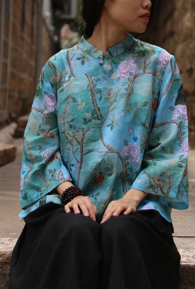 Летняя Новая Винтажная льняная рубашка с цветочным принтом павлина, стоячим воротником и пуговицами из бисера, традиционная элегантная женская Свободная одежда для чая, блузки