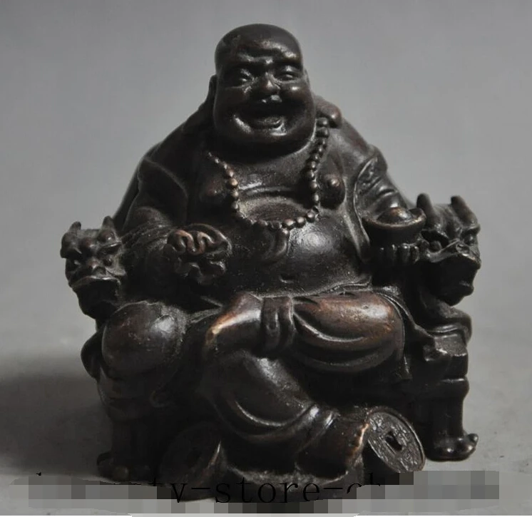 

$old craft$ chinese buddhism bronze happy laugh Maitreya Buddha wealth yuanbao money statue (A0314)