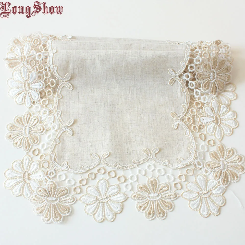 

Elegant Round Flower Embroidered Lace Trim Dining Table Cover Burap Linen Table Runner