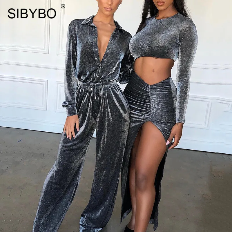 Женский однобортный комбинезон Sibybo черный свободный с длинным рукавом и