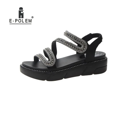 

Summer Women's Sandals Black Silver Diamonds Shoes Platform Strips Casual Wearing