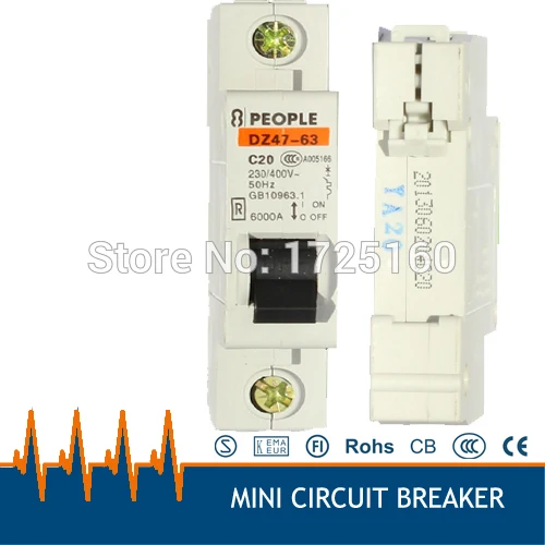 Миниатюрный автоматический выключатель 220/230 в 1P 20 Ампер mcb защита от