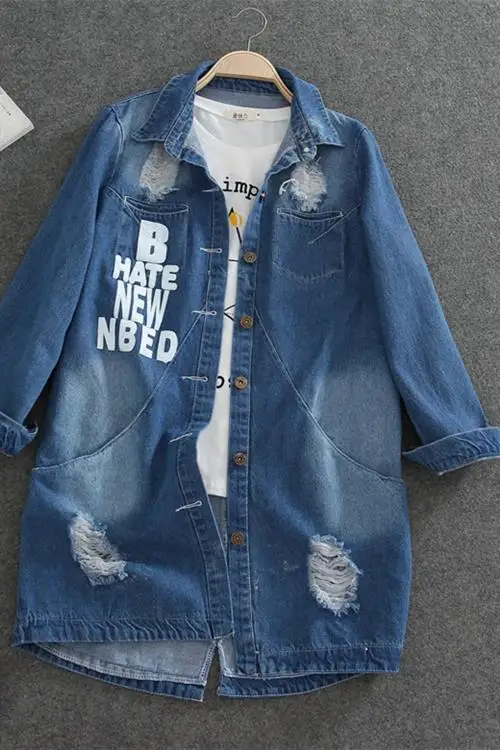 incredible  Ladies Denim Jackets Women Spring Turn Down Collar Hole Long Sleeve Casual Denim Jacket Women Jeans