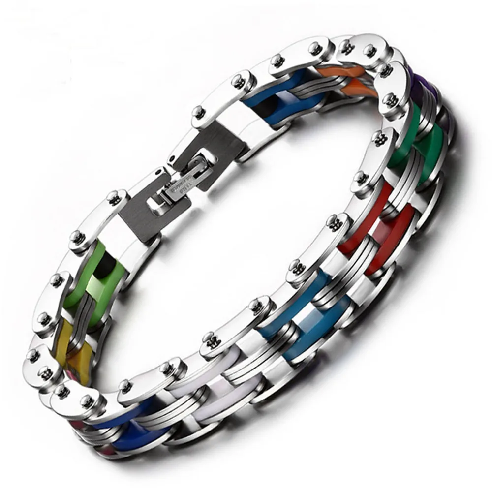 Silicone Stainless Steel Bracelet Men Bangle Rainbow Color 316L