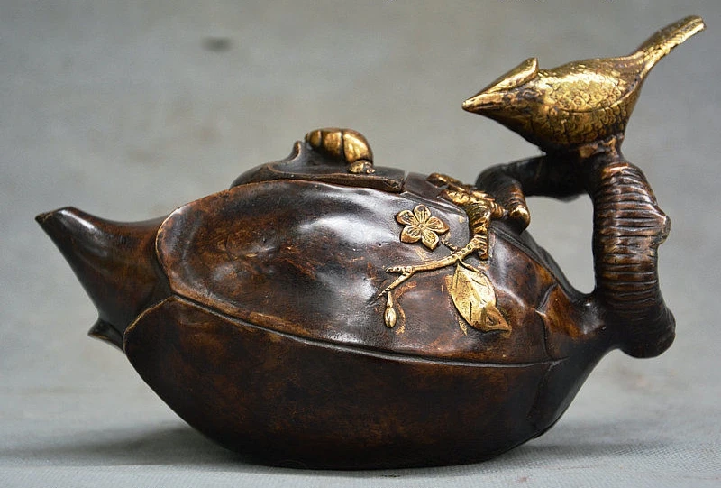 

Ancient China Dyasnty Palace Bronze Copper Gilt Bird Flower Wine Tea Pot Flagon