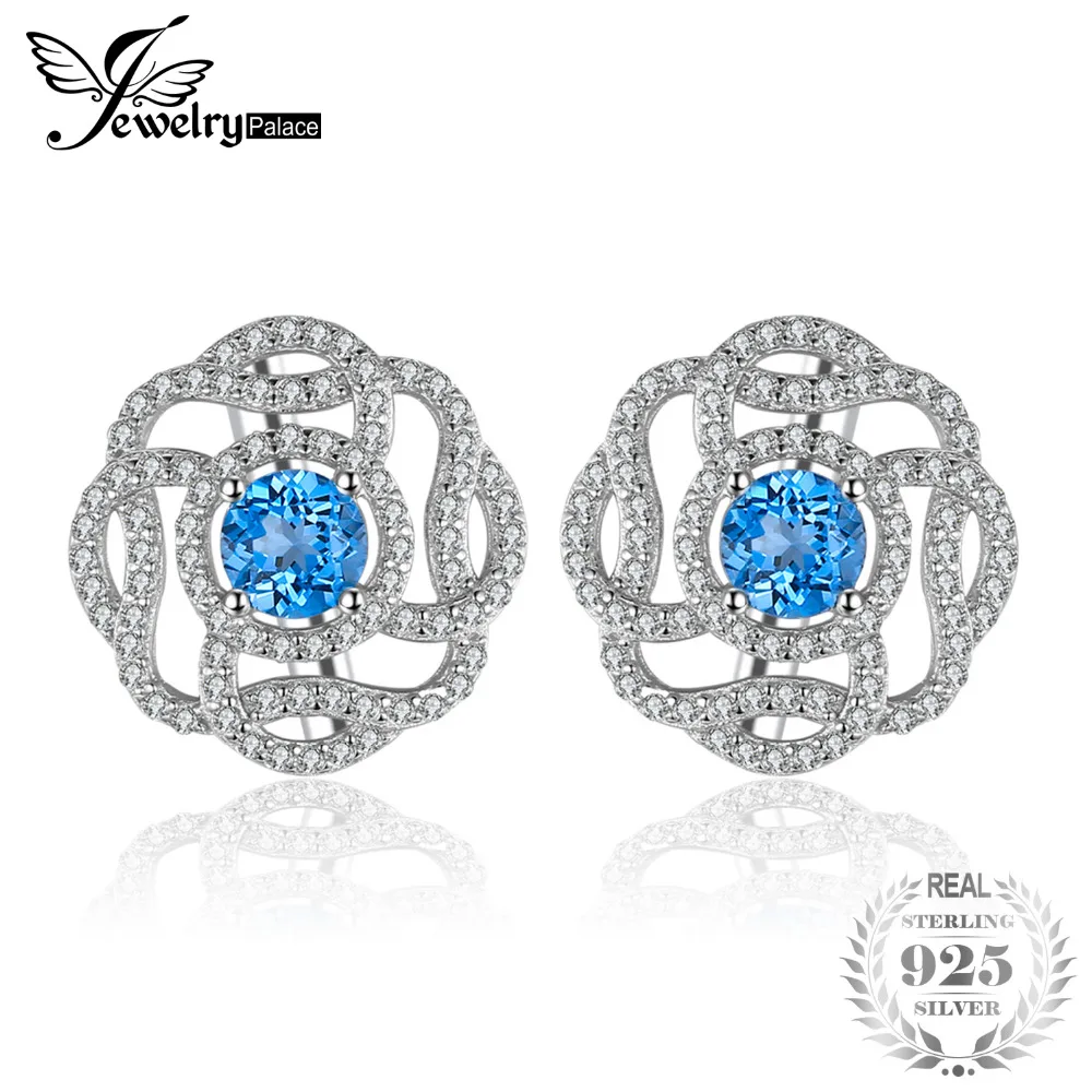 

JewelryPalace Brand New 1ct Natural London Blue Topaz 925 Sterling Silver Flower Stud Earrings For Women Party Fine Jewelry