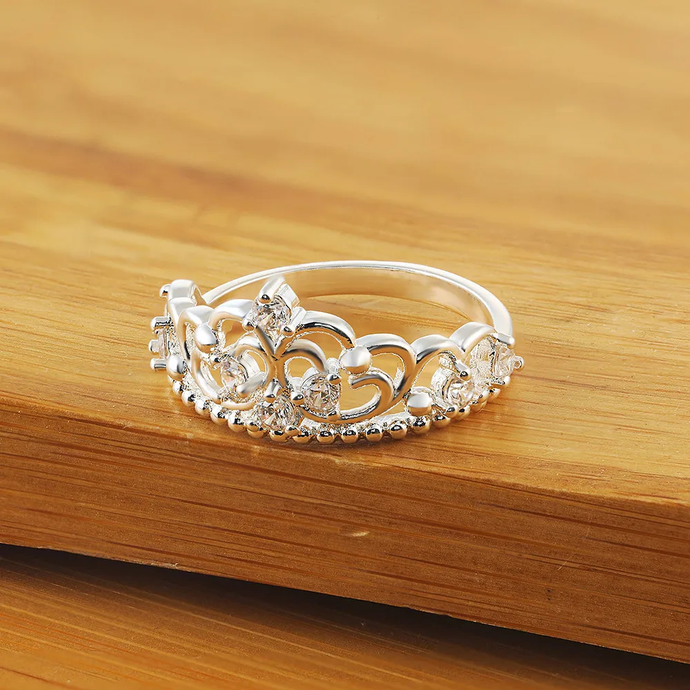 

Princess Queen Crown Ring Design Wedding Crystal Size 8 Fashion Jewelry Ring Women Bohemian Vintage Silver Ring