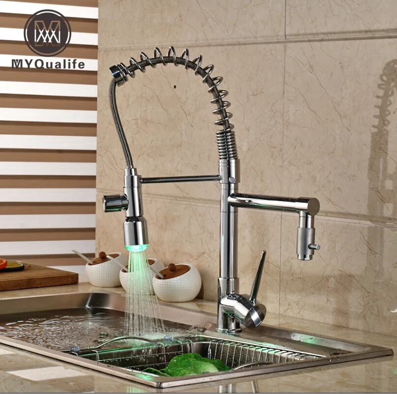 Single Handle LED Light Dual Spout Kitchen Mixer Faucet One Hole Hot and Cold Water Spring