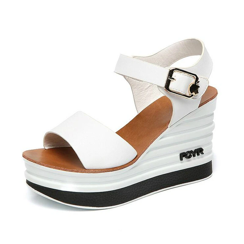 

2019 Summer New Real Leather High Heel Wedge Female Sandals Sponge Cake with Open Toe Thick Female Shoes Woman Sandals W705