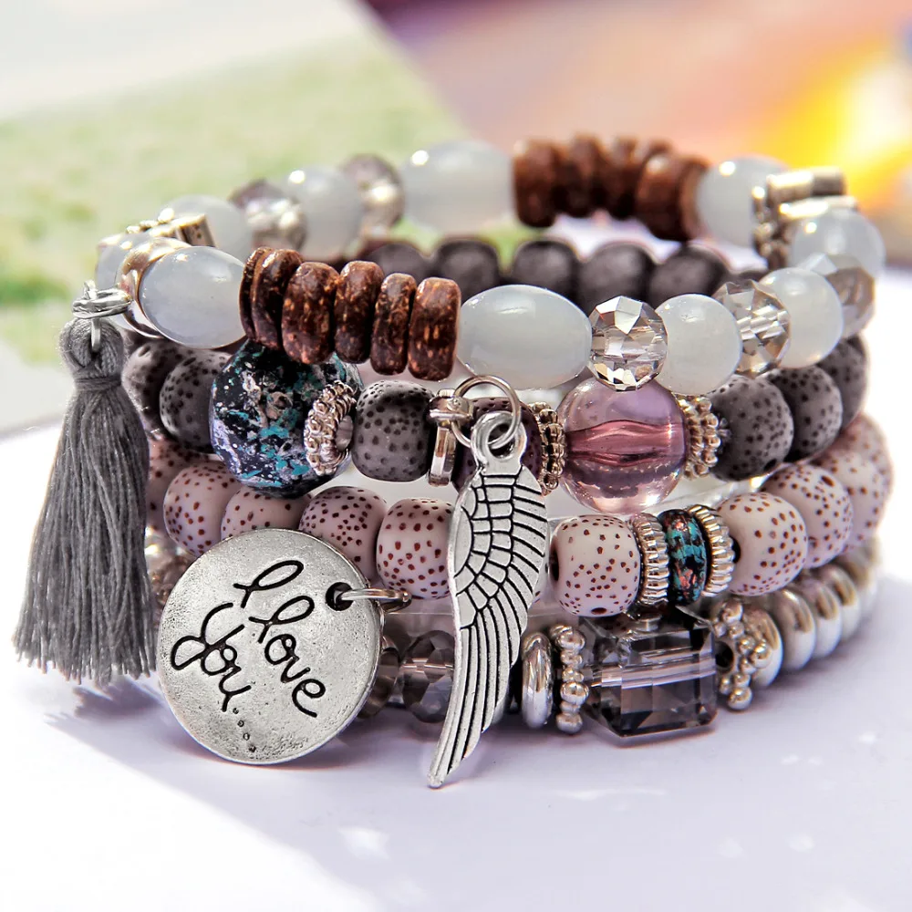 3-4 шт каменные бусины браслеты для женщин с кисточками браслеты и Набор браслетов Boho летние ювелирные изделия pulseras mujer moda