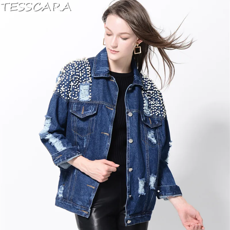 Féminine Perles Femmes Et Luxe Automne Blue Tesscara Mode Base Effiloché De Denim Manteaux Bomber Veste Vestes La Jeans Manteau Vêtements 5P4I5pqwx
