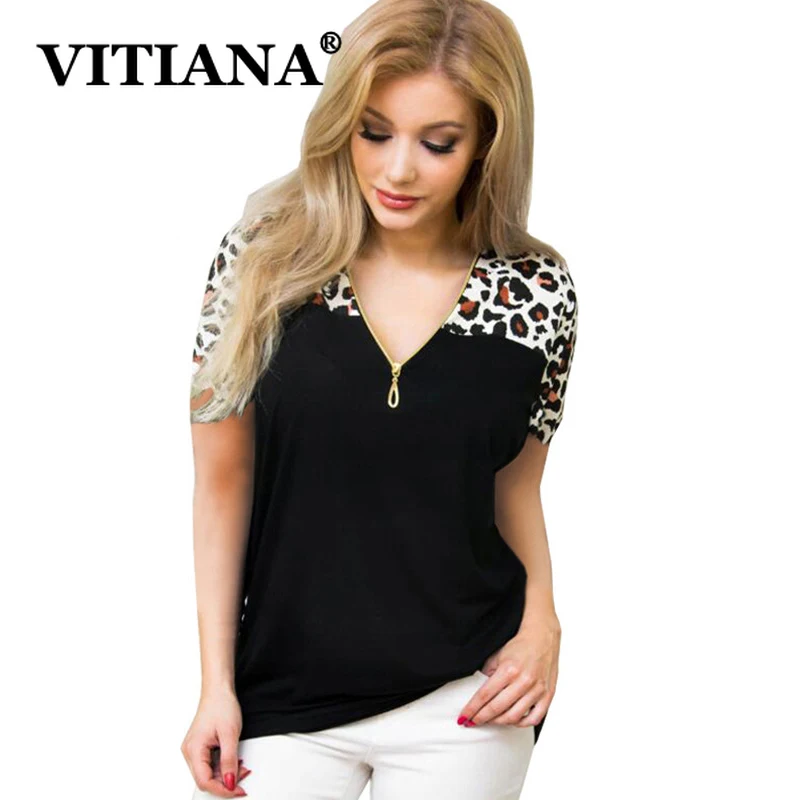 

VITIANA Women Leopard Casual T Shirts Summer 2019 Female V-Neck Zipper Short Sleeve Streetwear Elegant Tees Women's T-shirt