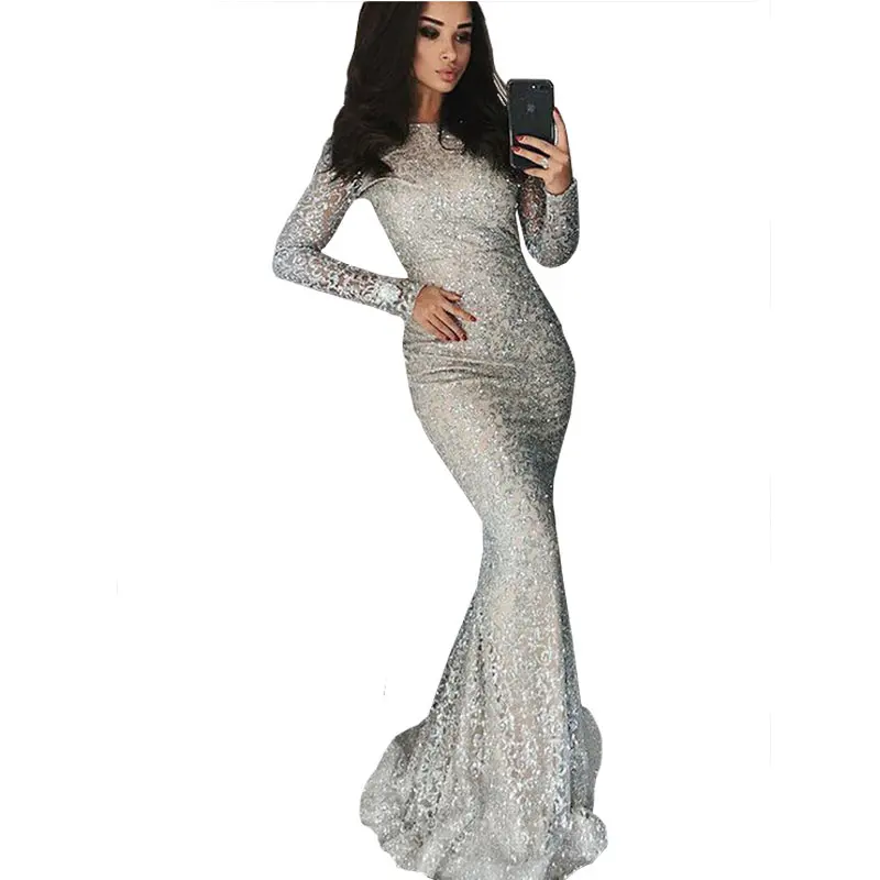 

silver Long Sleeve Evening Dress 2019 Mermaid sequins Dresses Round collar lace evening gown Robe de Soiree