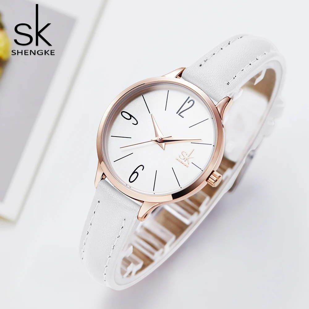

2019 Shengke Fashion Female's Watches White Leather Girl Wristwatch Simple Women Quartz Clock Comfortable Buckle Round Case Hour