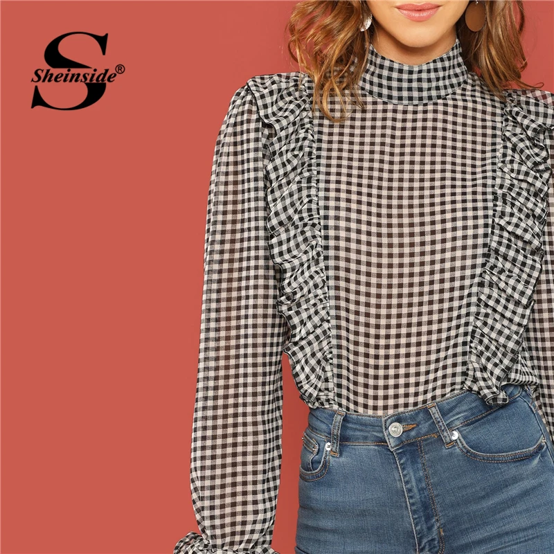 Sheinside Black and White Office Ladies Blouses Women Long Sleeve Plaid Shirt Ruffle Detail Mock Neck Casual Tops Elegant Blouse