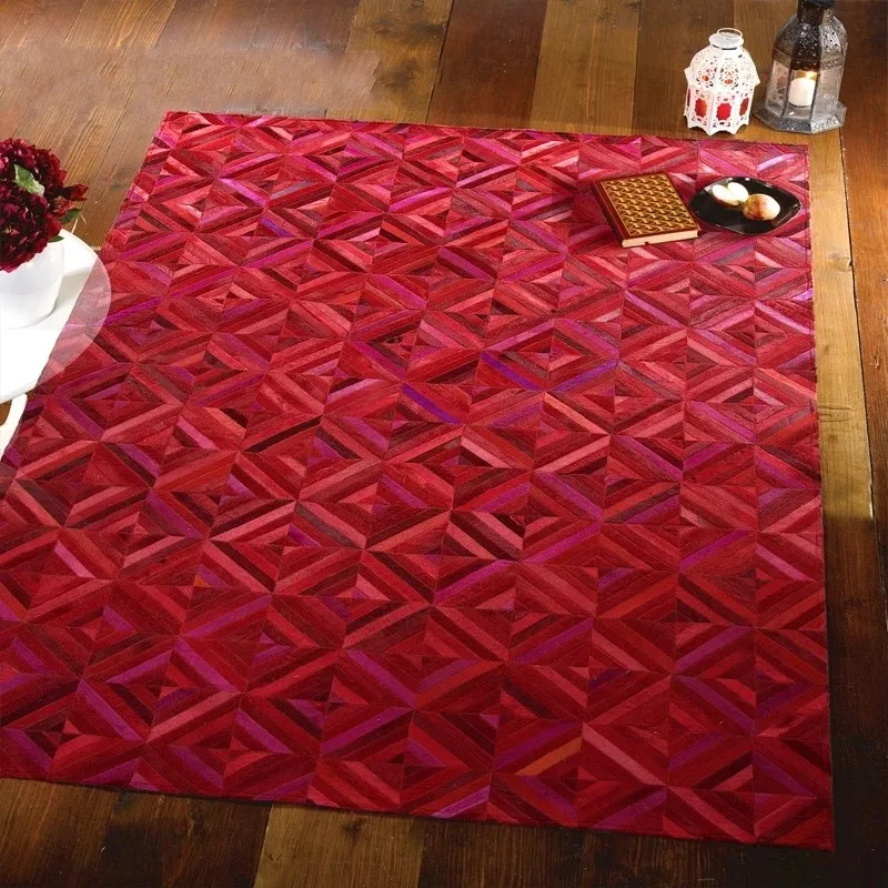 

Red crossed luxury cowhide seamed rug , modern natrual cowskin grid pattern carpet living room decoration