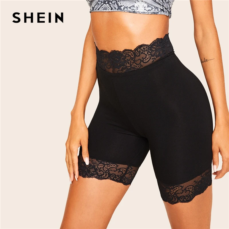 SHEIN, короткие однотонные байкерские леггинсы с кружевной отделкой, женские,, байкерские короткие, летние, эластичные, для фитнеса, средней талии, обтягивающие, базовые леггинсы