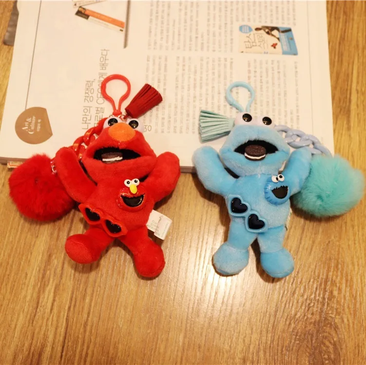 

High Quality 2019 New Cute Anime Sesame Street Plush Keychain Cartoon Elmo Cookie Monster Plush Retractable Key Chain for Girls