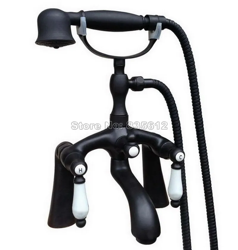 

Bathroom Deck Mounted Dual Ceramic Handles Black Oil Rubbed Bronze Bathtub Mixer Tap with Handheld Shower Faucet Wtf515