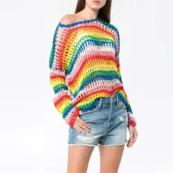 Женский модный полосатый Радужный свитер, повседневный цветной блок, вязаный свитер, пуловер, Топ