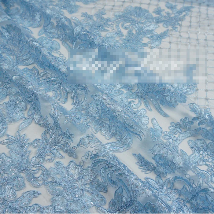 

130CM Width Elegant Blue Sequined Floral Embroidery Lace Fabric DIY Wedding Dress Fashion Lace Fabrics Dresses Clothing LSHB287