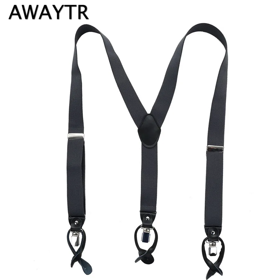 black suspenders grey pants