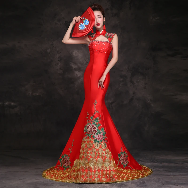 

Bride Traditional Chinese Evening Dress Qipao Embroidery Red Mermaid Cheongsam Sexy Vestido Oriental Wedding Gowns Robe Chinoise