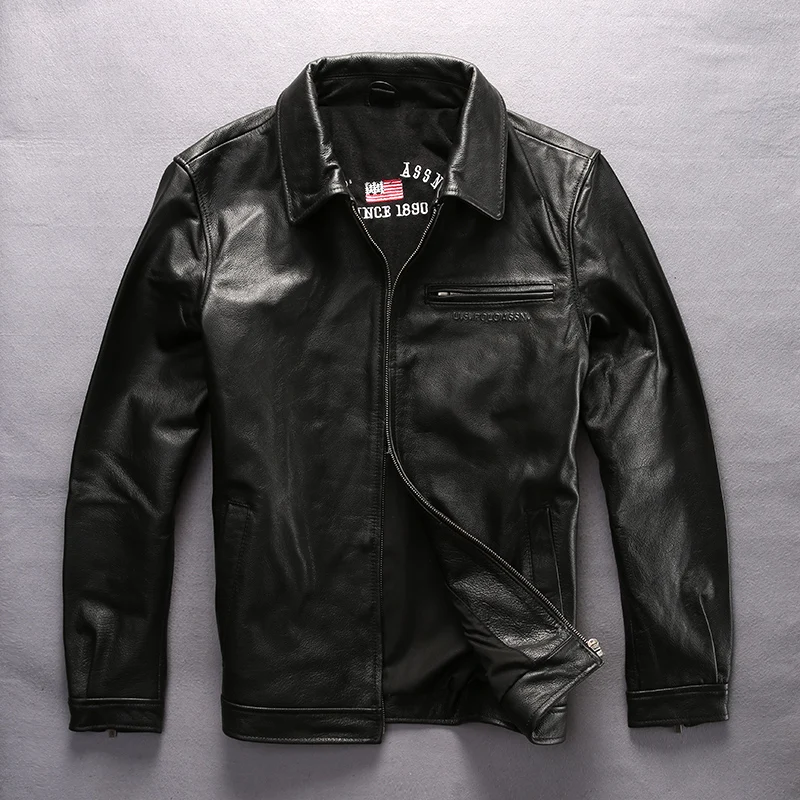 Большой размер, простой дизайн, пальто для мужчин, Воловья кожа, черные куртки, натуральная кожа, классический стиль, весна, осень, мотоциклетная куртка