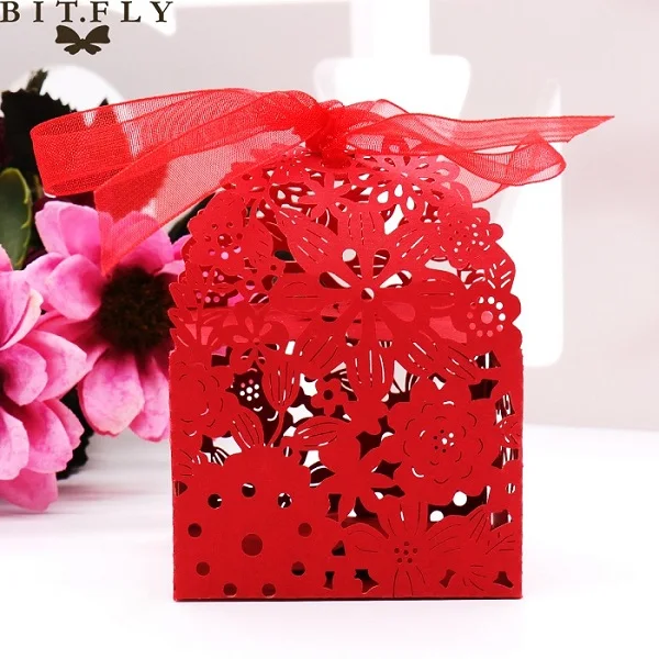 50 шт. бумажная коробка для конфет Лазерная резка цветы подарочные коробки для кексов для фестиваля банкета украшения вечерние принадлежности подарочные украшения - Цвет: red