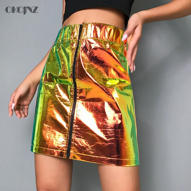 

Harajuku Laser Preppy Pensil Skirt Women Clothes Cute School Uniforms Ladies Zipper PU Leather Kawaii Skirt Saia Faldas Okq368