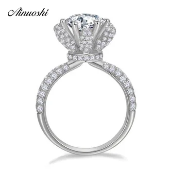 

AINOUSHI Luxury 2 Carat Rose Flower High Claws Ring Original 925 Sterling Silver Sona Anniversary Wedding Ring Engagement Women