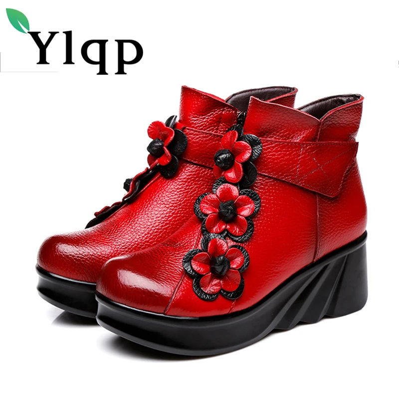 

Ylqp Real Leather Retro Flowers Med Heels Short Boots Ethnic Style Hook Loop Genuine Leather Women Winter Boots Zapatillas Mujer