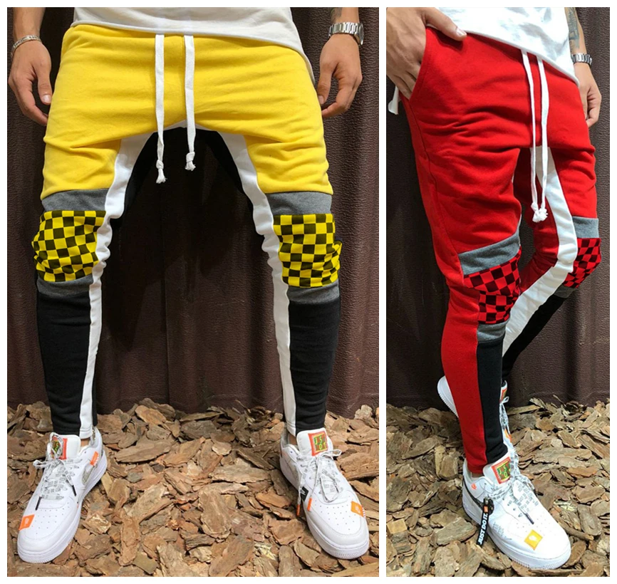 الرجال لحمي خليط السراويل الهيب هوب Sweatpants الأصفر المسار الرباط ركض السراويل السببية الذكور الجانب شريط منقوشة Trackpants