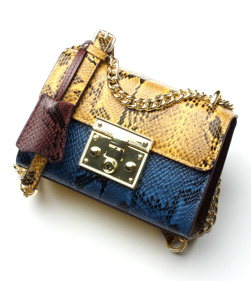 Women's new Korean style leather lock chain bag Cross-section stainless steel style snake grain bag Crossbody