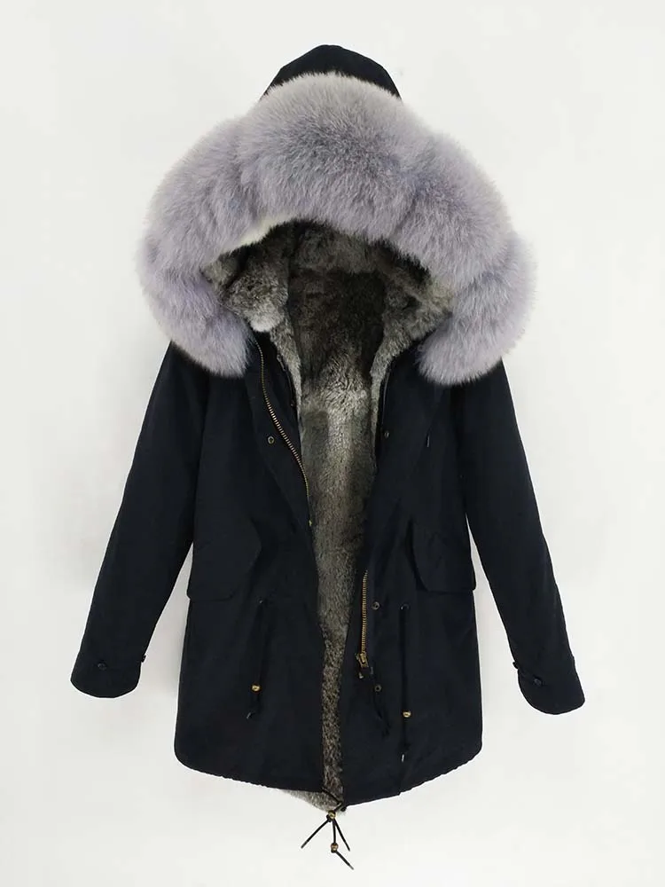 Непромокаемая парка Зимняя куртка Для женщин Настоящее меховое пальто Натуральный воротник Натуральный Мех кролика Длинная одежда для улицы