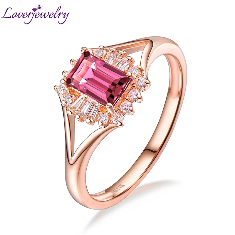 Свадебные природные Emerad с розовое турмалинное Кольцо Настоящее 14 K розовое золото природных алмазов Для женщин вечерние Fine Jewelry подарок на