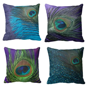 

Peacock Feather Cushion Animal Colorful Cover Pillow Country Style Home Lumbar Support Throw Pillow Cover 45*45 Burlap Fashion